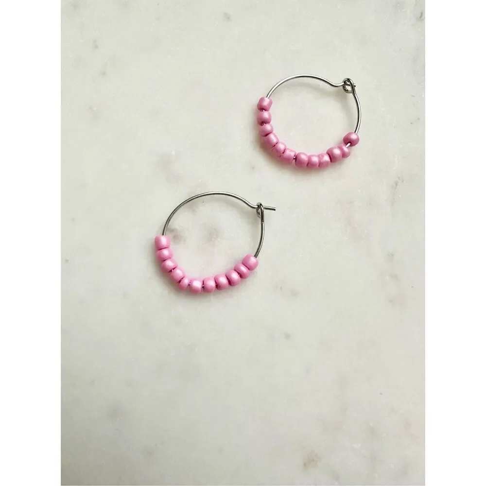 Pink petit beaded hoop earrings